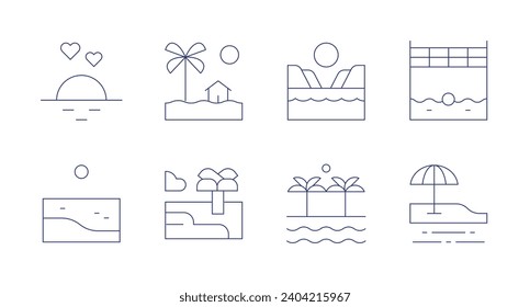 Beach icons. Editable stroke. Containing sunset, beach, beach volleyball.
