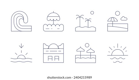 Beach icons. Editable stroke. Containing wave, sunset, beach, beach sunset, sunrise.