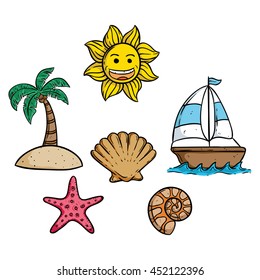 Beach icons or elements with cute sun, boat, shell and small island with coconut tree