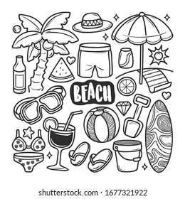 Beach Icons Hand Drawn Doodle Coloring Vector