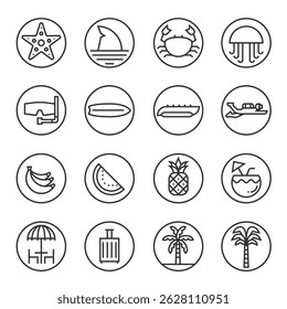 Beach icons . Holiday and Tropical Beach web icon in line style. Summer,Travel, Vacation, island, jellyfish, crab, shark, starfish, banana boat, surf, Icon Pictogram Collection Vector illustration