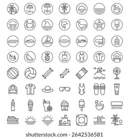 Beach Icons Linear Collection, ocean, jellyfish, palm, swimsuit, surf, scuba diving, sunglasses, Pixel Perfect Design Icon Collection Vector illustration