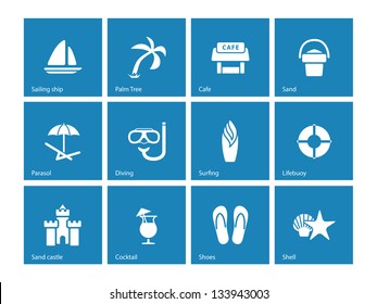 Beach icons on blue background. Vector illustration.