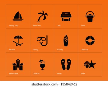 Beach icons on orange background. Vector illustration.