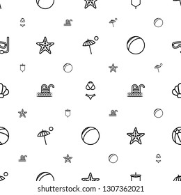 beach icons pattern seamless white background. Included editable outline umbrella, swimsuit, sail, starfish, pool ladder, plastic ball, shell icons. beach icons for web and mobile.