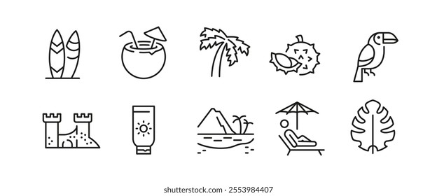 Beach icons. Set of 10 trendy minimal tropical icons. Hibiscus, Palm Tree, Tiki Mask, Sandcastle, Coconut Drink icon. Design signs for web page, mobile app, packaging design. Vector illustration