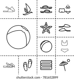 Beach icons. set of 13 editable outline beach icons such as flip flops, towels, slippers, plastic ball, swimsuit, umbrella, starfish, surfing, beach ball