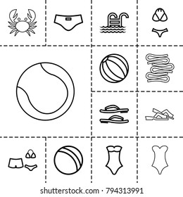 Beach icons. set of 13 editable outline beach icons such as ball, swimsuit, beach ball, pool ladder, flip flops, man swim wear, crab, towels, slippers
