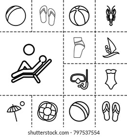 Beach icons. set of 13 editable outline beach icons such as crab, ball, swimsuit, plastic ball, snorkel, umbrella, man laying in the sun, flip flops, beach ball, lifebuoy