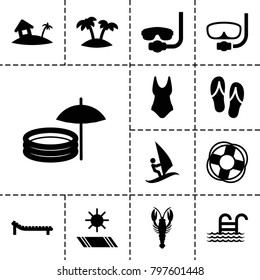 Beach icons. set of 13 editable filled beach icons such as crab, underwater mask, swim suit, palm, home on island, sunbed, pool ladder, carpet in the sun