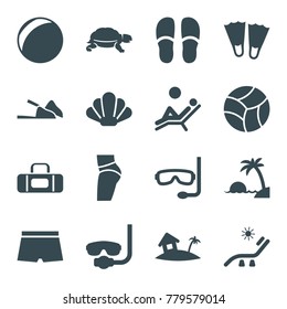 Beach icons. set of 16 editable filled beach icons such as turtle, sunbed, slippers, underwater mask, flippers, plastic ball, home on island, man laying in the sun, island