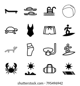 Beach icons. set of 16 editable filled and outline beach icons such as swim suit, sunbed, pool ladder, man laying in sun, carpet in the sun, surfing, turtle, underwater mask