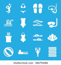 beach icons set. Set of 16 beach filled icons such as crab, towels, slippers, swimsuit, avenue, volleyball player, snorkel, pool ladder, flip flops, shell, underwater mask