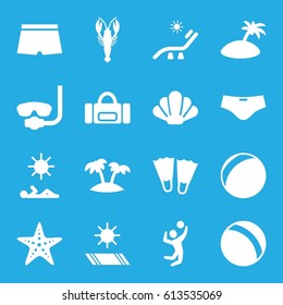 Beach icons set. set of 16 beach filled icons such as crab, ball, sunbed, palm, volleyball player, starfish, man laying in sun, carpet in the sun, island, man swim wear, shell