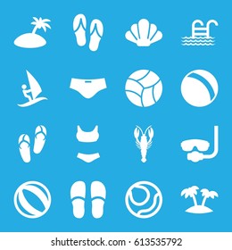 Beach icons set. set of 16 beach filled icons such as crab, ball, flip flops, slippers, palm, pool ladder, island, man swim wear, beach ball, shell, surfing, underwater mask