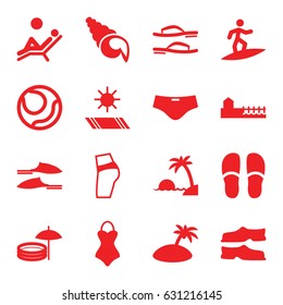 Beach icons set. set of 16 beach filled icons such as slippers, avenue, carpet in the sun, man laying in the sun, island, inflatable pool and umbrella, flip flops