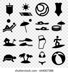 Beach icons set. set of 16 beach filled icons such as turtle, slippers, swimsuit, palm, home on island, umbrella, carpet in the sun, man laying in the sun