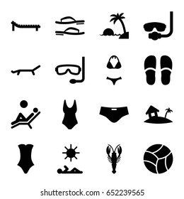 Beach icons set. set of 16 beach filled icons such as crab, slippers, swimsuit, home on island, sunbed, man laying in sun, man laying in the sun, island, flip flops