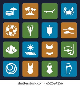 Beach icons set. set of 16 beach filled icons such as crab, slippers, palm, snorkel, sunbed, carpet in the sun, inflatable pool and umbrella, swimsuit, lifebuoy, shell, sail