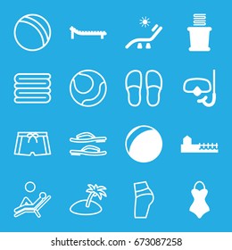 Beach icons set. set of 16 beach filled and outline icons such as sunbed, towels, avenue, snorkel, swimsuit, ball, slippers, man laying in the sun, island, flip flops