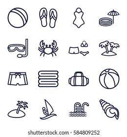 beach icons set. Set of 16 beach outline icons such as crab, ball, towels, swimsuit, palm, pool ladder, island, inflatable pool and umbrella, flip flops, man swim wear