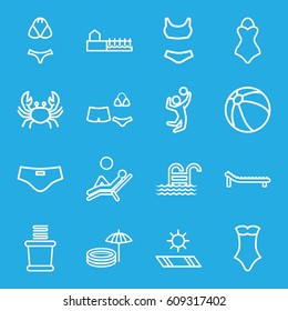 Beach icons set. set of 16 beach outline icons such as crab, beach ball, towels, swimsuit, avenue, sunbed, pool ladder, carpet in the sun, man laying in the sun