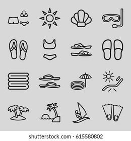 Beach icons set. set of 16 beach outline icons such as sunbed, towels, slippers, swimsuit, palm, island, inflatable pool and umbrella, flip flops, aqualung, shell, surfing