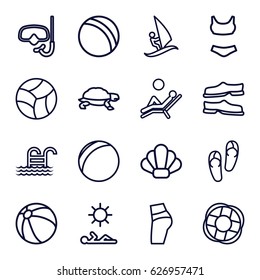 Beach icons set. set of 16 beach outline icons such as turtle, ball, beach ball, flip flops, slippers, pool ladder, man laying in sun, man laying in the sun, lifebuoy, shell