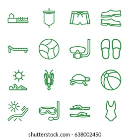 Beach icons set. set of 16 beach outline icons such as crab, turtle, beach ball, sunbed, slippers, avenue, man laying in sun, man swim wear, aqualung, sail, swim suit