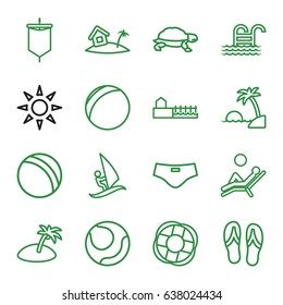 Beach icons set. set of 16 beach outline icons such as turtle, ball, avenue, home on island, sunbed, pool ladder, man laying in the sun, island, flip flops, man swim wear