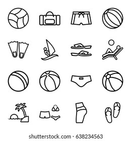 Beach icons set. set of 16 beach outline icons such as ball, beach ball, flip flops, slippers, swimsuit, man laying in the sun, island, man swim wear, surfing, booty fitness