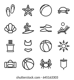 Beach icons set. set of 16 beach outline icons such as crab, turtle, beach ball, flip flops, towels, slippers, sunbed, starfish, man laying in the sun, shell, surfing, sail
