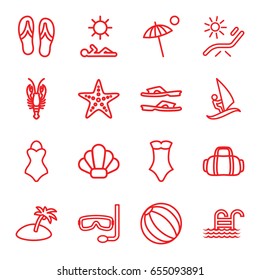 Beach icons set. set of 16 beach outline icons such as crab, sunbed, slippers, swimsuit, umbrella, starfish, pool ladder, man laying in sun, island, flip flops, aqualung