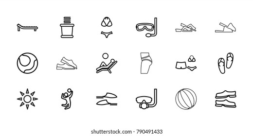 Beach icons. set of 18 editable outline beach icons: flip flops, towels, slippers, underwater mask, volleyball, swimsuit, volleyball player, sunbed, man laying in the sun