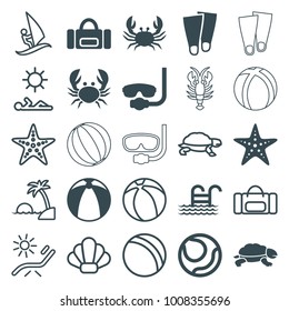 Beach icons. set of 25 editable filled and outline beach icons such as crab, underwater mask, volleyball, sport bag, starfish, pool ladder, turtle, ball, sunbed