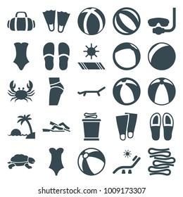 Beach icons. set of 25 editable filled beach icons such as crab, beach ball, sunbed, slippers, swimsuit, underwater mask, flippers, plastic ball, sport bag, carpet in the sun