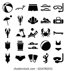 Beach icons. set of 25 editable filled beach icons such as crab, beach ball, slippers, underwater mask, flippers, plastic ball, volleyball player, umbrella, sunbed