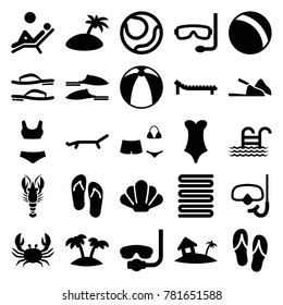 Beach icons. set of 25 editable filled beach icons such as crab, ball, towels, slippers, underwater mask, volleyball, swimsuit, palm, home on island, snorkel, sunbed