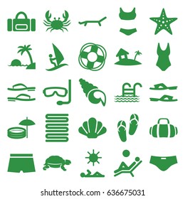 Beach icons set. set of 25 beach filled icons such as crab, turtle, flip flops, towels, slippers, home on island, sport bag, sunbed, starfish, pool ladder, man laying in sun