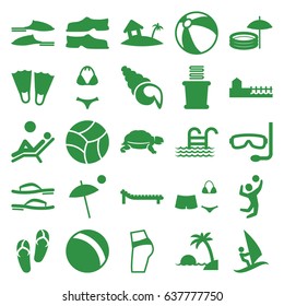 Beach icons set. set of 25 beach filled icons such as turtle, ball, beach ball, flip flops, towels, slippers, swimsuit, avenue, home on island, volleyball player, umbrella