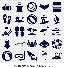 Beach icons set. set of 25 beach filled icons such as crab, towels, slippers, palm, home on island, sport bag, sunbed, umbrella, pool ladder, man laying in the sun, flip flops