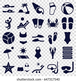Beach icons set. set of 25 beach filled icons such as crab, beach ball, flip flops, sunbed, towels, slippers, swimsuit, volleyball player, snorkel, umbrella, starfish