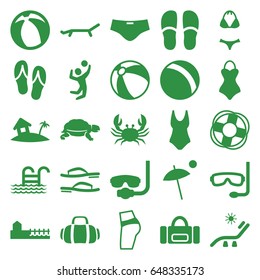 Beach icons set. set of 25 beach filled icons such as crab, turtle, ball, beach ball, sunbed, slippers, avenue, home on island, volleyball player, sport bag, umbrella