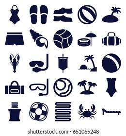 Beach icons set. set of 25 beach filled icons such as crab, ball, towels, slippers, swimsuit, palm, sport bag, sunbed, island, inflatable pool and umbrella, man swim wear