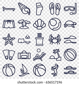 Beach icons set. set of 25 beach outline icons such as crab, turtle, beach ball, towels, slippers, swimsuit, palm, sunbed, starfish, man laying in the sun, island, flip flops