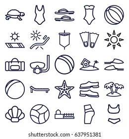 Beach icons set. set of 25 beach outline icons such as turtle, ball, sunbed, slippers, swimsuit, palm, avenue, home on island, starfish, carpet in the sun, flip flops