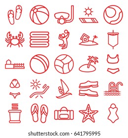 Beach icons set. set of 25 beach outline icons such as crab, ball, beach ball, flip flops, sunbed, towels, slippers, avenue, home on island, starfish, pool ladder