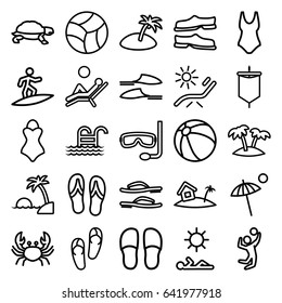 Beach icons set. set of 25 beach outline icons such as crab, turtle, beach ball, flip flops, sunbed, slippers, palm, home on island, umbrella, pool ladder, man laying in sun
