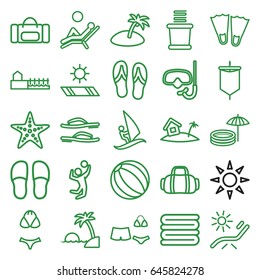 Beach icons set. set of 25 beach outline icons such as sunbed, towels, slippers, swimsuit, avenue, home on island, starfish, carpet in the sun, man laying in the sun, island