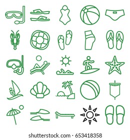 Beach icons set. set of 25 beach outline icons such as crab, ball, beach ball, flip flops, slippers, sunbed, umbrella, starfish, man laying in sun, man laying in the sun